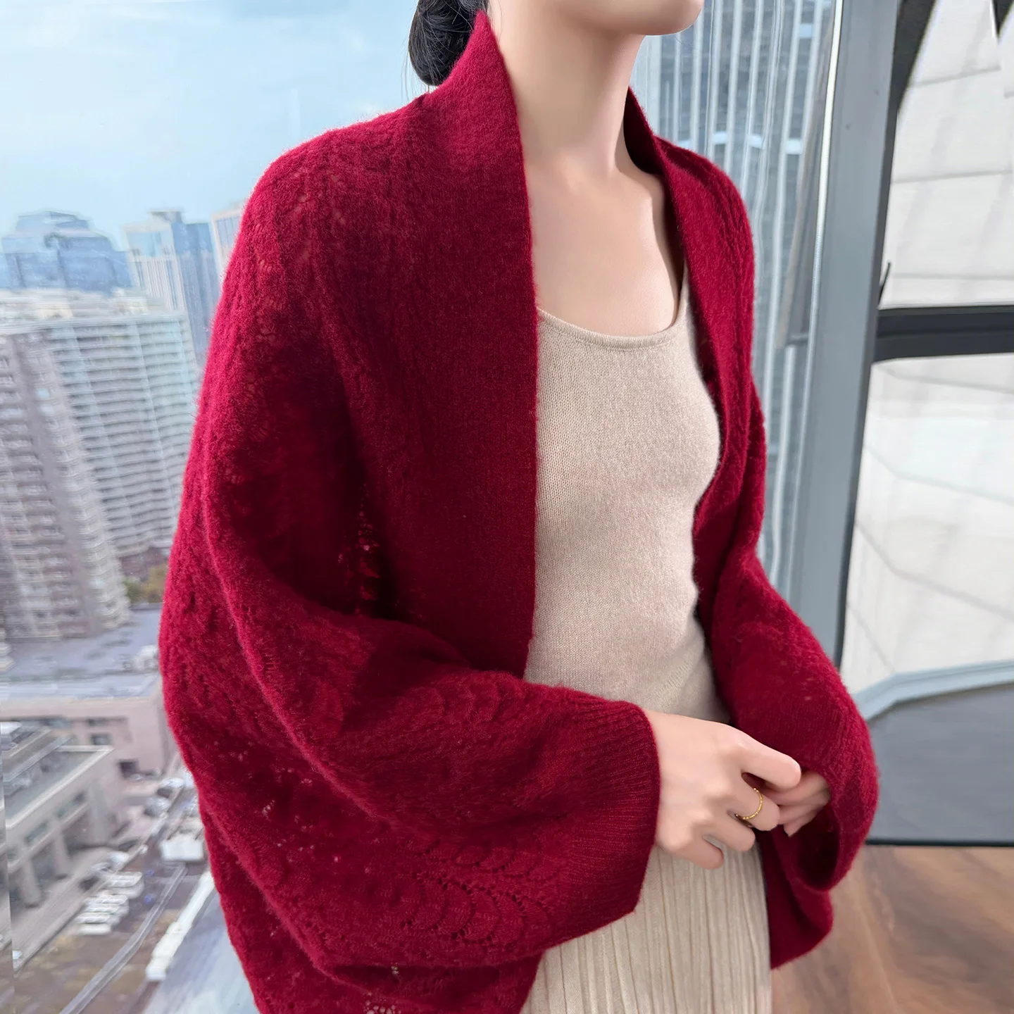 2026 100% Wool Multifunctional Cardigan Scarf Women Autumn Winter Warm Shawl Wrap Solid Color Hollow Out Knitted Wrap Scarves