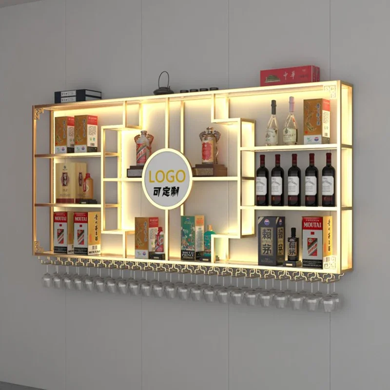 

Showcase Display Wine Cabinet Golden Equipment Rack Counter Industrial Wine Cabinet Wall Mount Vitrina De Vidrios Bar Furniture