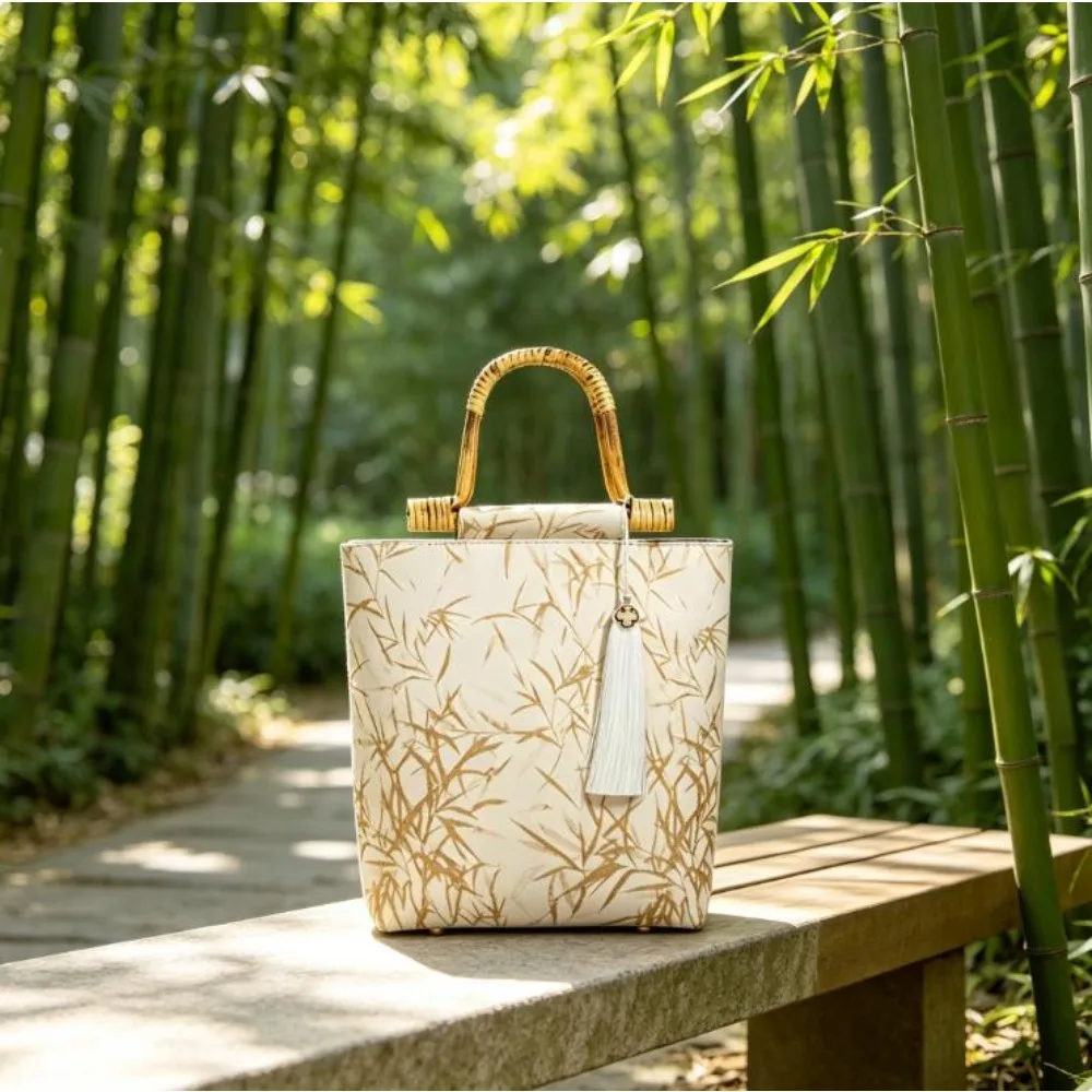 Bamboo‑Joint Handle Chinese Jacquard Tote Bag Large Capacity Handbag Retro Hanfu Cheongsam Accessory Women Shoulder Underarm Bag