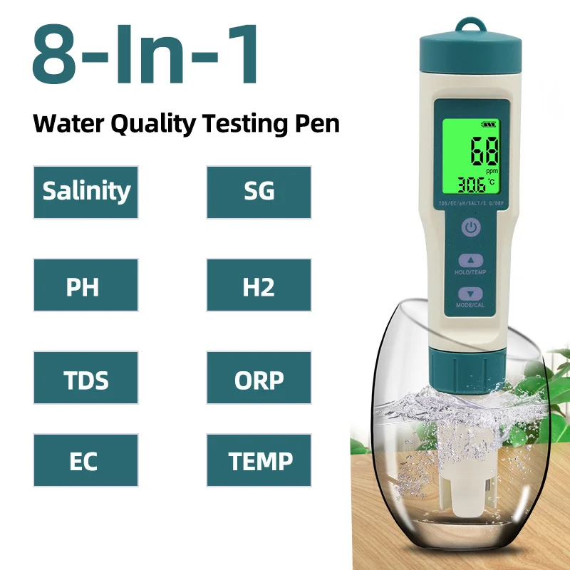 

8 IN 1 Water Quality Tester PH Test Pen Salinity/PH/TDS/EC/ORP/SG/H2/TEMP Drinking Water Test Analysis Instruments For Aquarium