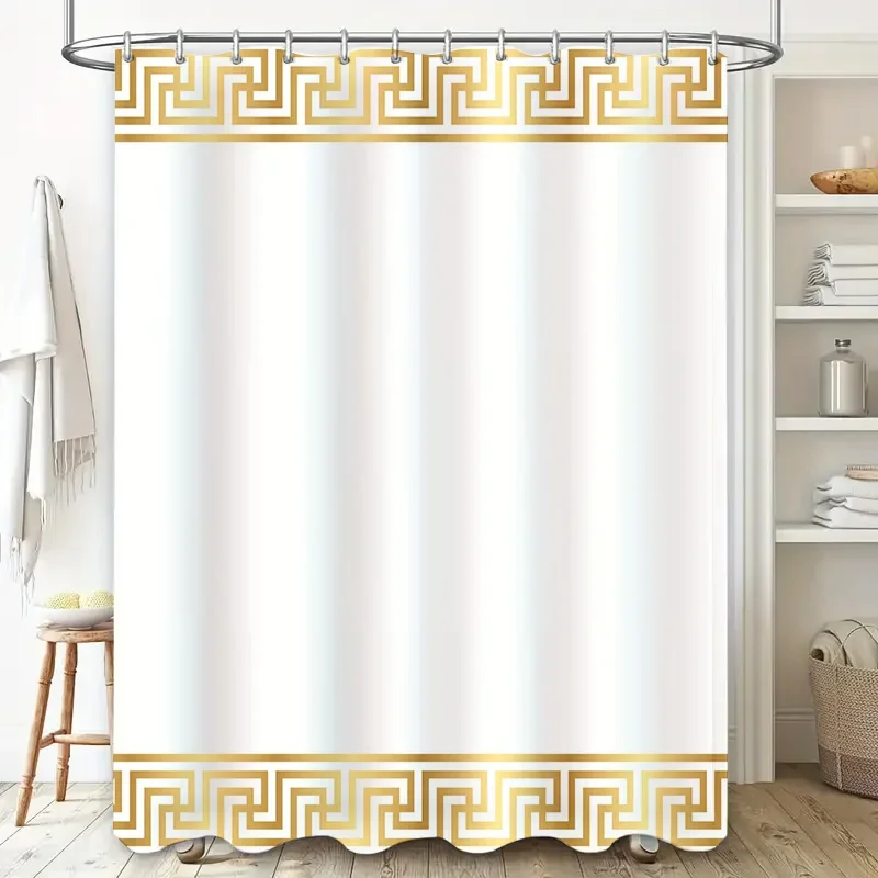 Gold Greek Key Shower Curtain: White with Gold Pattern Waterproof Bath Rug Liner for Bathroom Decor Modern Design Home Accessori