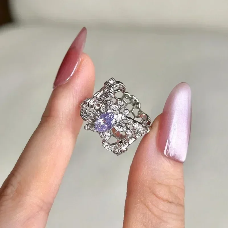 Light luxury taro purple crystal hollow out rings for women exquisite silver 925 drawing butterfly wedding ring fashion jewelry