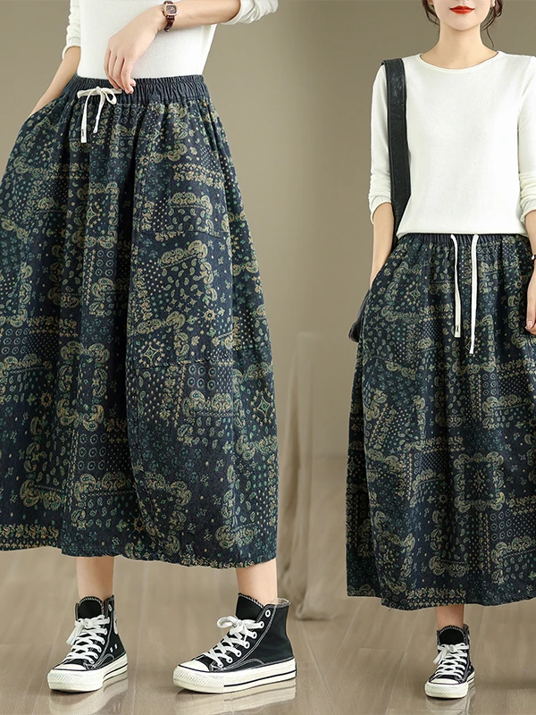 

Loose Fit Japanese Style plus Size Denim Skirt Women's Versatile Design Printed Elastic Waist Skirt Casual A-Line Midi Skirt