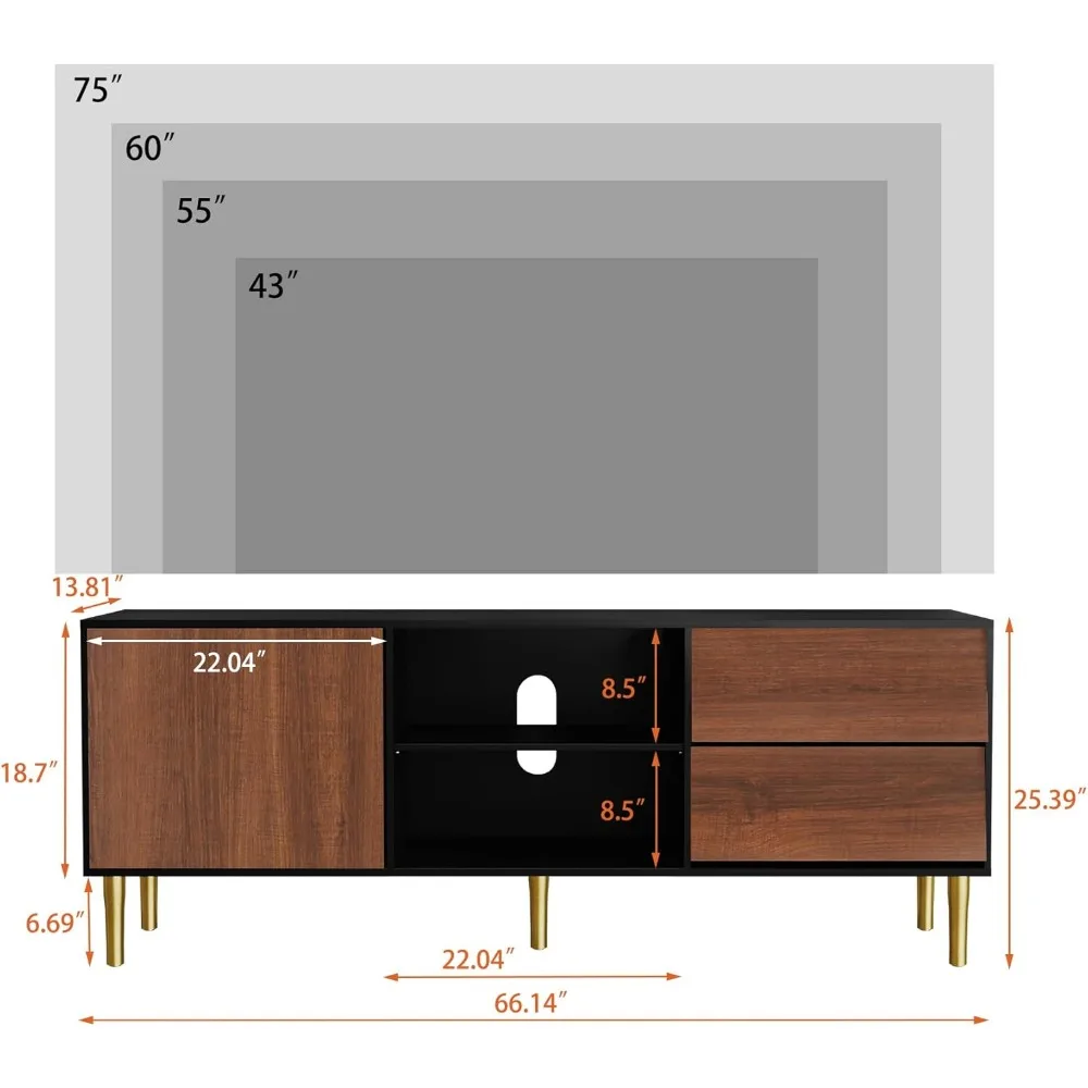 TV Stand up to 70+ inch, Mid Century Modern Television Stands with 2 Drawers, Entertainment Center with Storage Cabinet, Wood Me