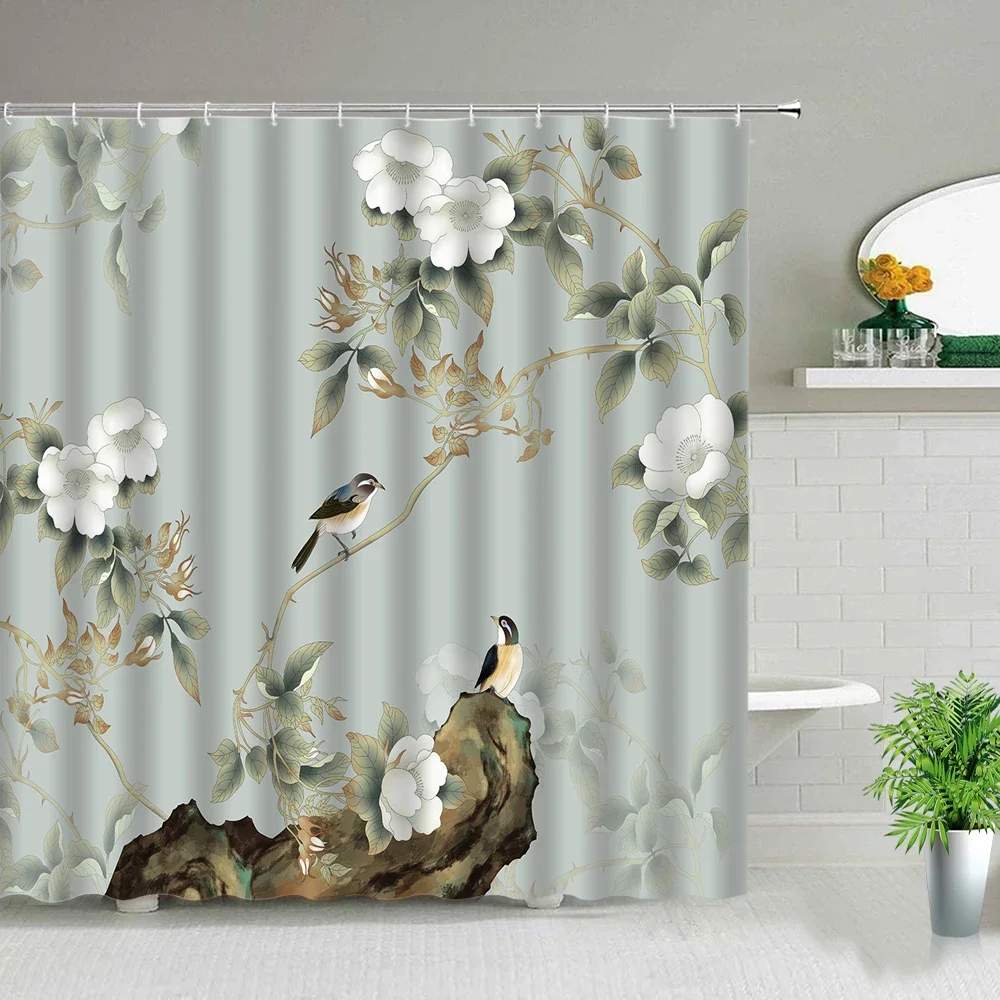 Chinese Style Flower Bird Butterfly Parrot Scenery Shower Curtain Floral Plant Bathroom Screen Waterproof Fabric Bath Curtains