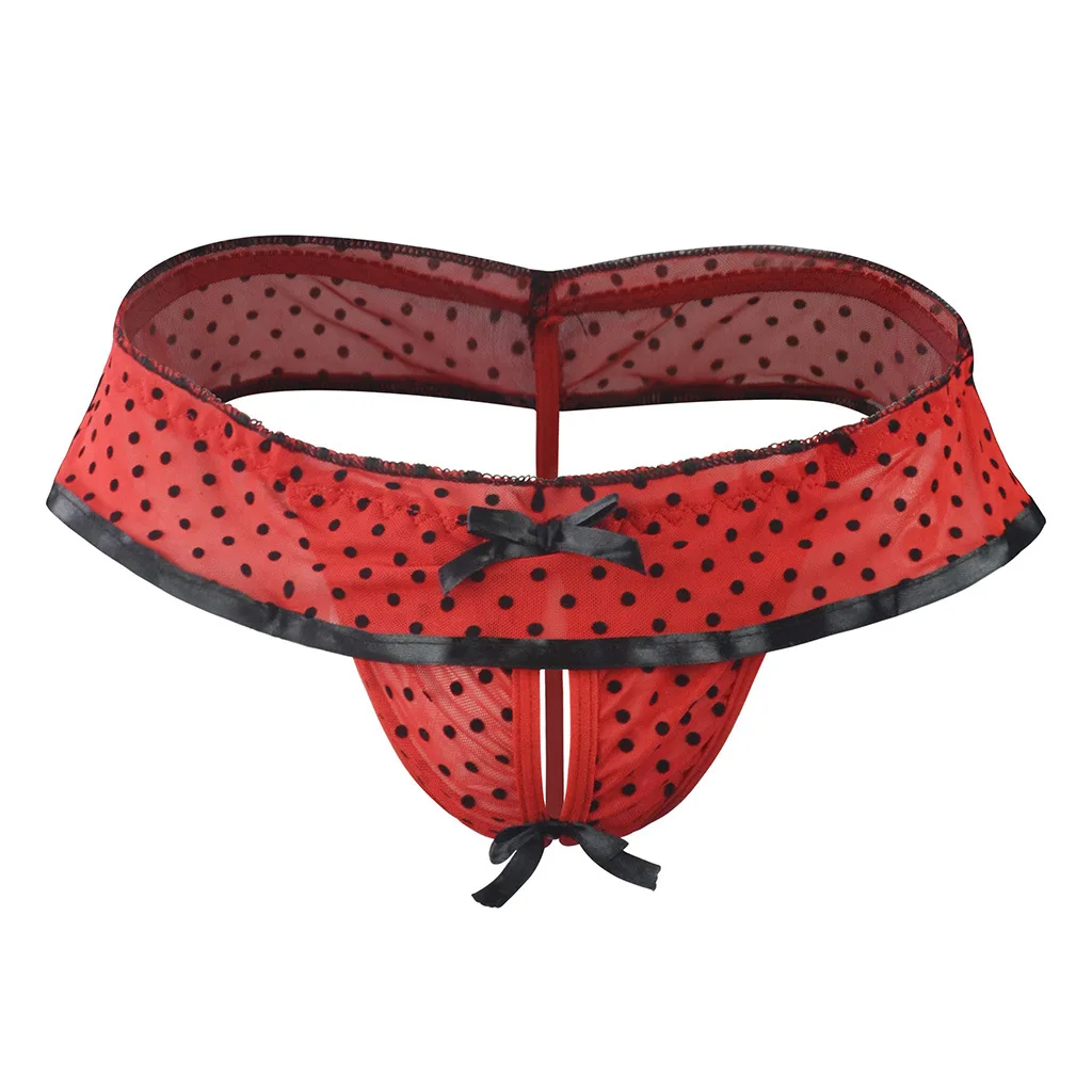 

Men's Erotic Ruffled Dot Print Open Crotch Mesh Bow Knot Skirts Panties Gay Low Waist U Convex Pouch T Back Thong Sissy G-string