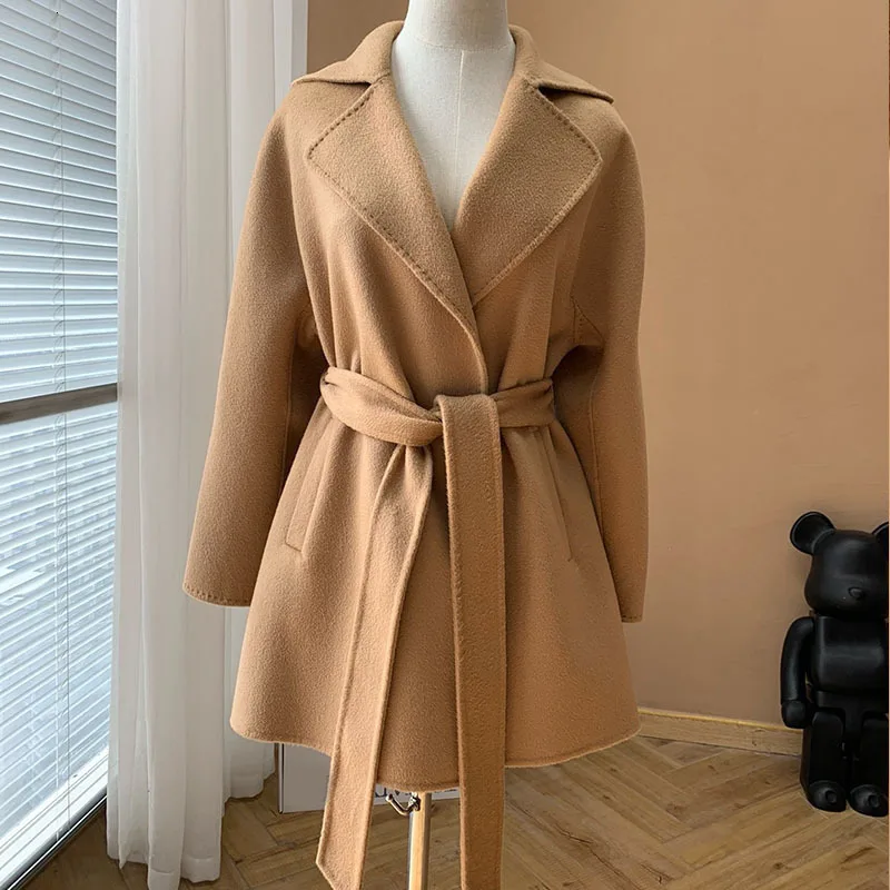 Women's Cashmere Coat High Quality Casual Long Sleeve Turn Down Collar Belt Coats 3 Color Runway Fashion Clothing Autumn New 24