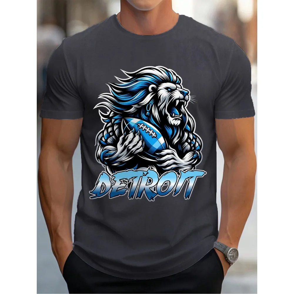 Detroit Football Lion Print T Shirt Tees for Men Casual Short Sleeve T-shirt for Summer Solid Color Cotton Comfort