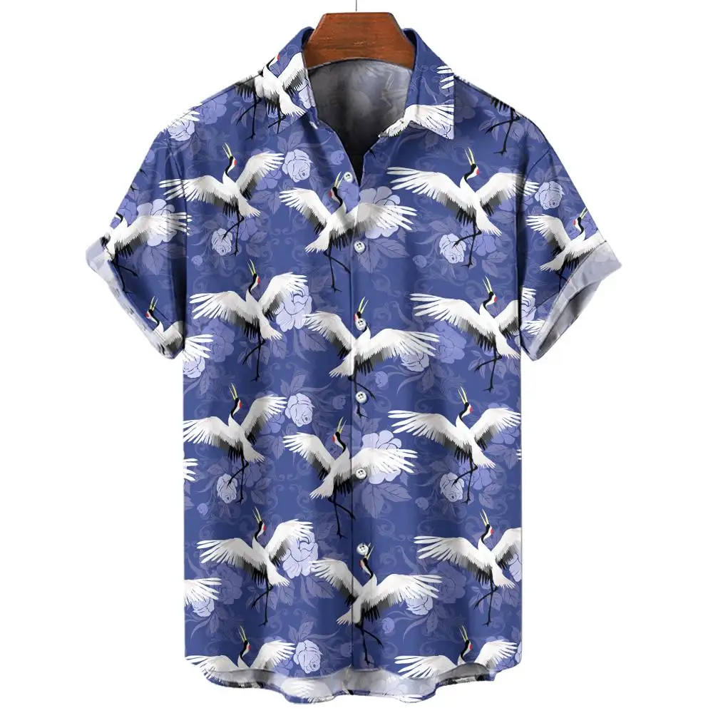 Fashion Hawaiian Shirt For Men Button Lapel Short Sleeve Shirts Summer Male Clothing 3D Animal Chinese Crane Printed Blouse