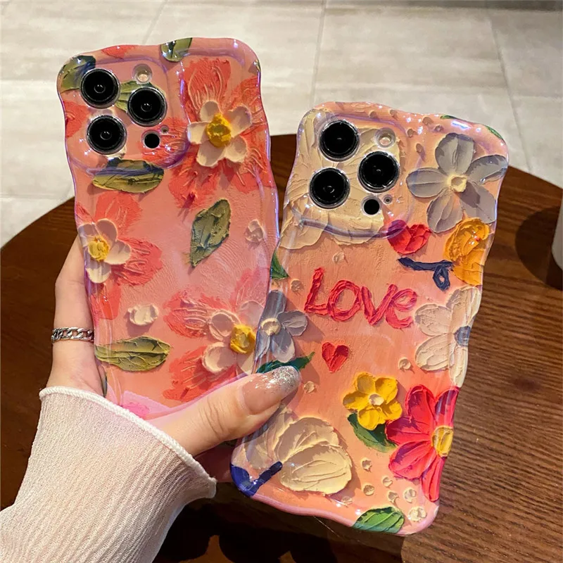 

For iPhone 15 14 Pro MAX 13 12 11 Pro Max Phone Case Luxury Shockproof Soft Cover Fashion Blue Light Oil painting flowers Case