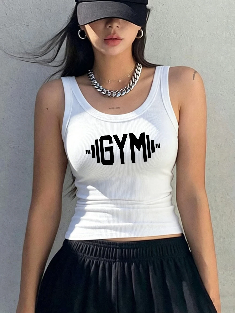 Gym Letter Barbell Printed Singlet Summer Womens Ribbed Knit Vest Korean O-Neck Soft Cotton Tank Tops Sporty Slim Sleeveless