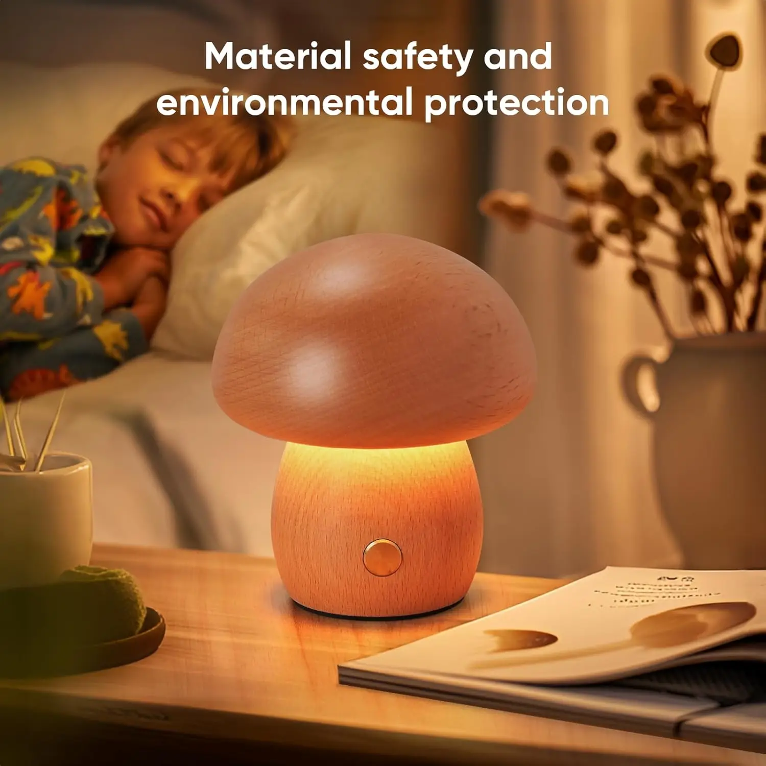 Mushroom LED Night Light Dimmable Wooden Bedroom Bedside Table Lamp with Touch Switch Room Decoration Lighting Chargeable