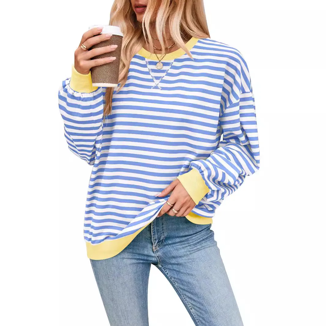 

Spring Hot Sale Of The Season Casual Stripe Pattern Long Sleeve Crew Neck T-Shirt Color Block Design Home Leisure Fashion Women'