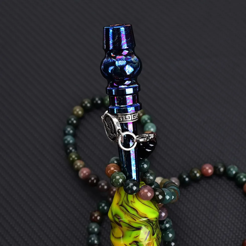 Portable Arab Shisha Mouthpiece with Titanium Blue Cigarette Holder and Green Stone Bead Chain - Hookah Accessories