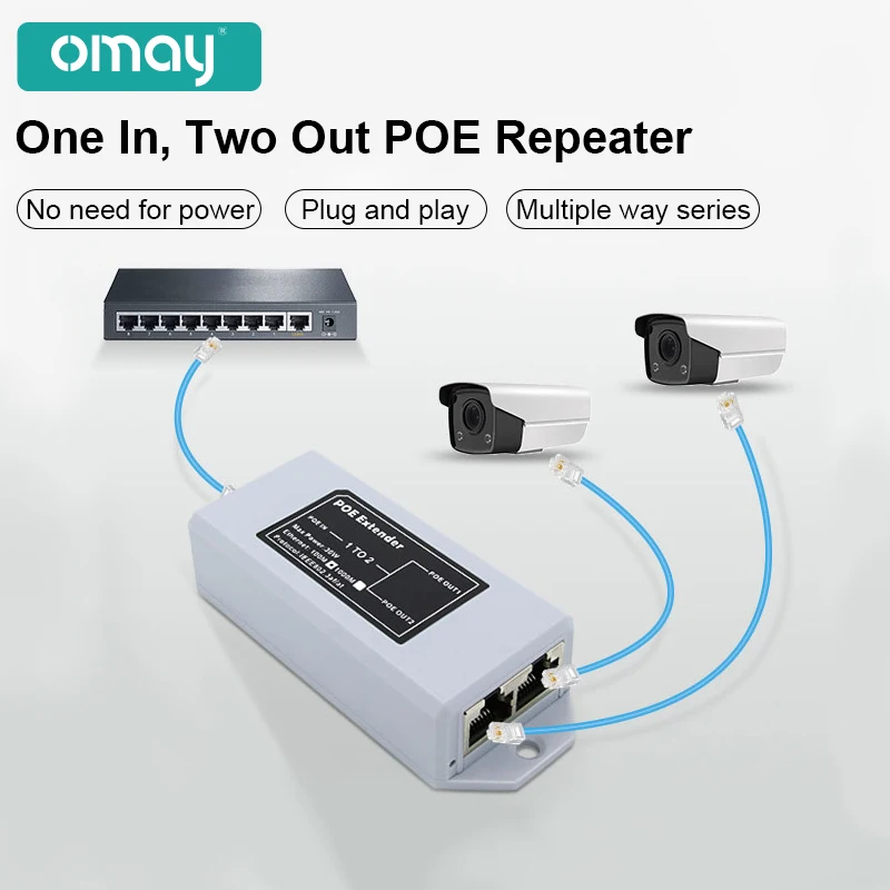 1 to 2 Port POE Extender 100Mbps IEEE 802.3af/at Standard 48V for NVR IP Camera POE Extend 100 meters for POE range