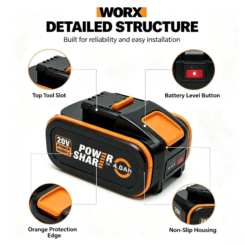 New WORX 20V 4.0Ah 6.0Ah 8.0Ah Rechargeable Li‑ion Battery Pack WA3553.1 WA3551 WA3570 for Outdoor Cordless Garden Power Tools