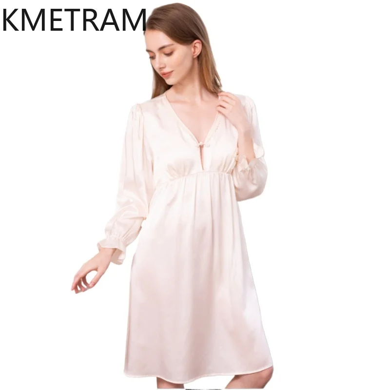 KMETRAM 19MM 100% mulberry silk Night Dress Women Built-in Bra Nightgowns Long Sleeve Dress Summer Sleepwear Women Clothing 2026