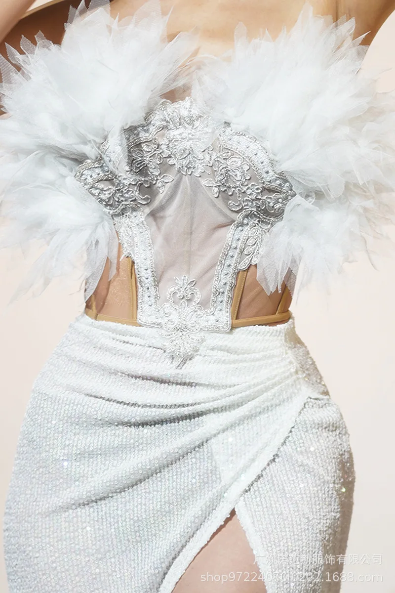 Automne nouvelle neige Lotus tempérament côté fendu robe haut de gamme célébrité fête d'anniversaire lumière luxe Photo robe Abiti Da Cerimonia