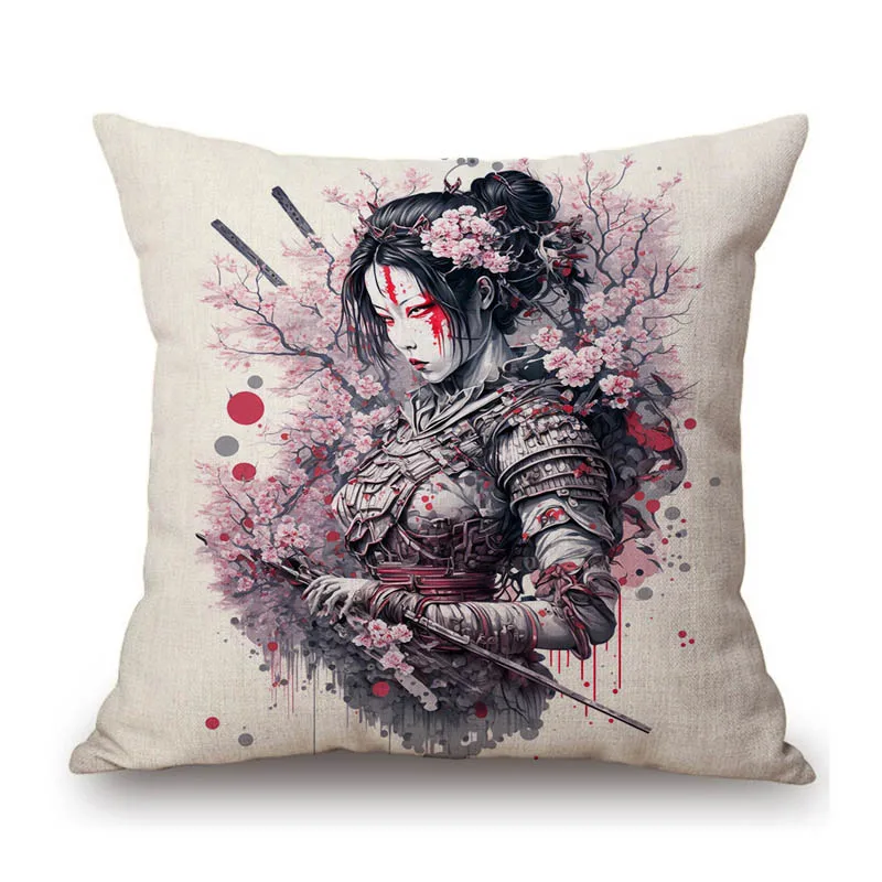 Japanese Geisha Samurai Sakura Spirit Art  Home Decorative Sofa Throw Pillow Case Oriental Cultural Exotic Car Cushion Cover