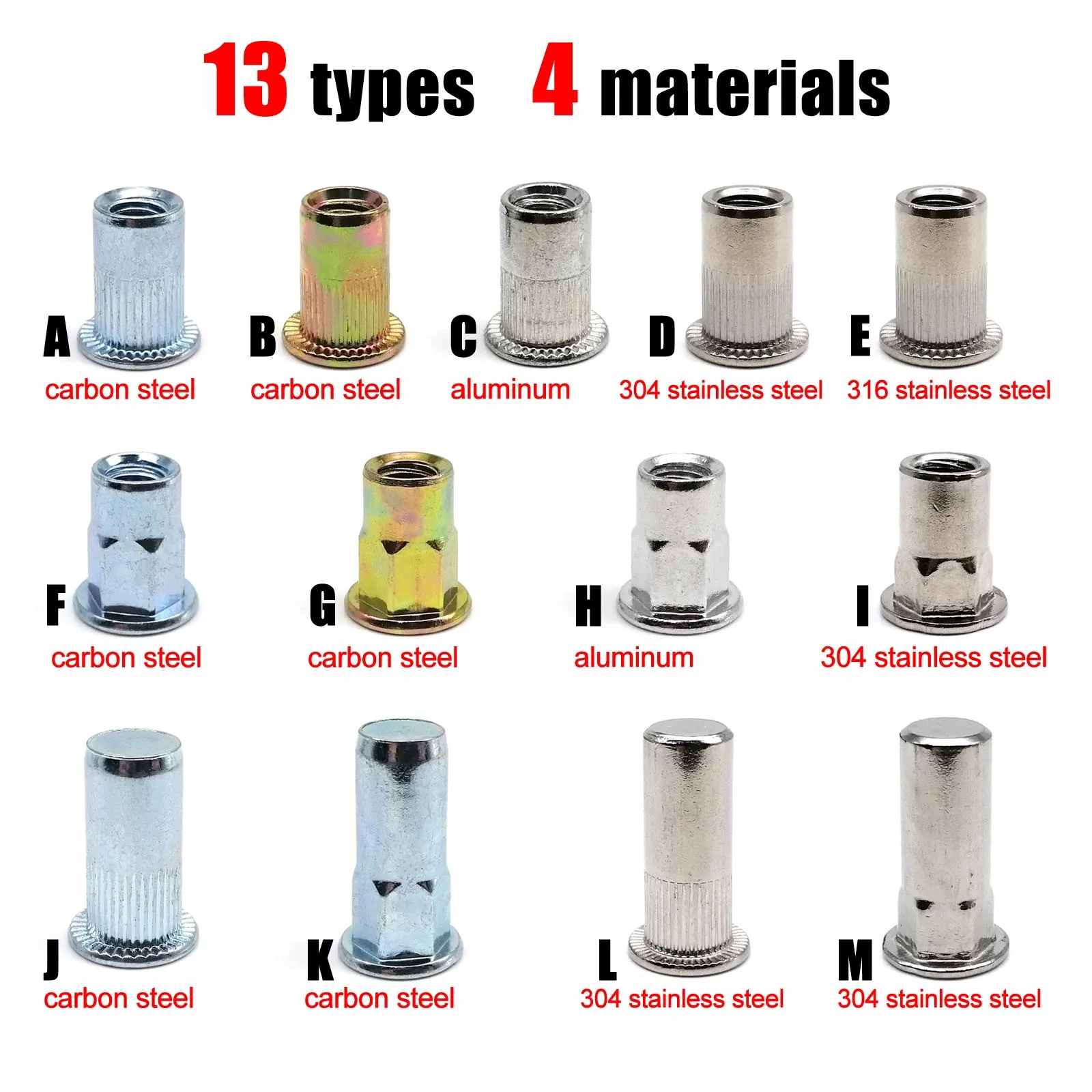 20pcs Rivet Nut Insert Rivnut M3 M4 M5 M6 M8 M10 M12 Blind Hexagon Flat Head Carbon Steel Aluminum 304 316 A2 A4 Stainless Steel