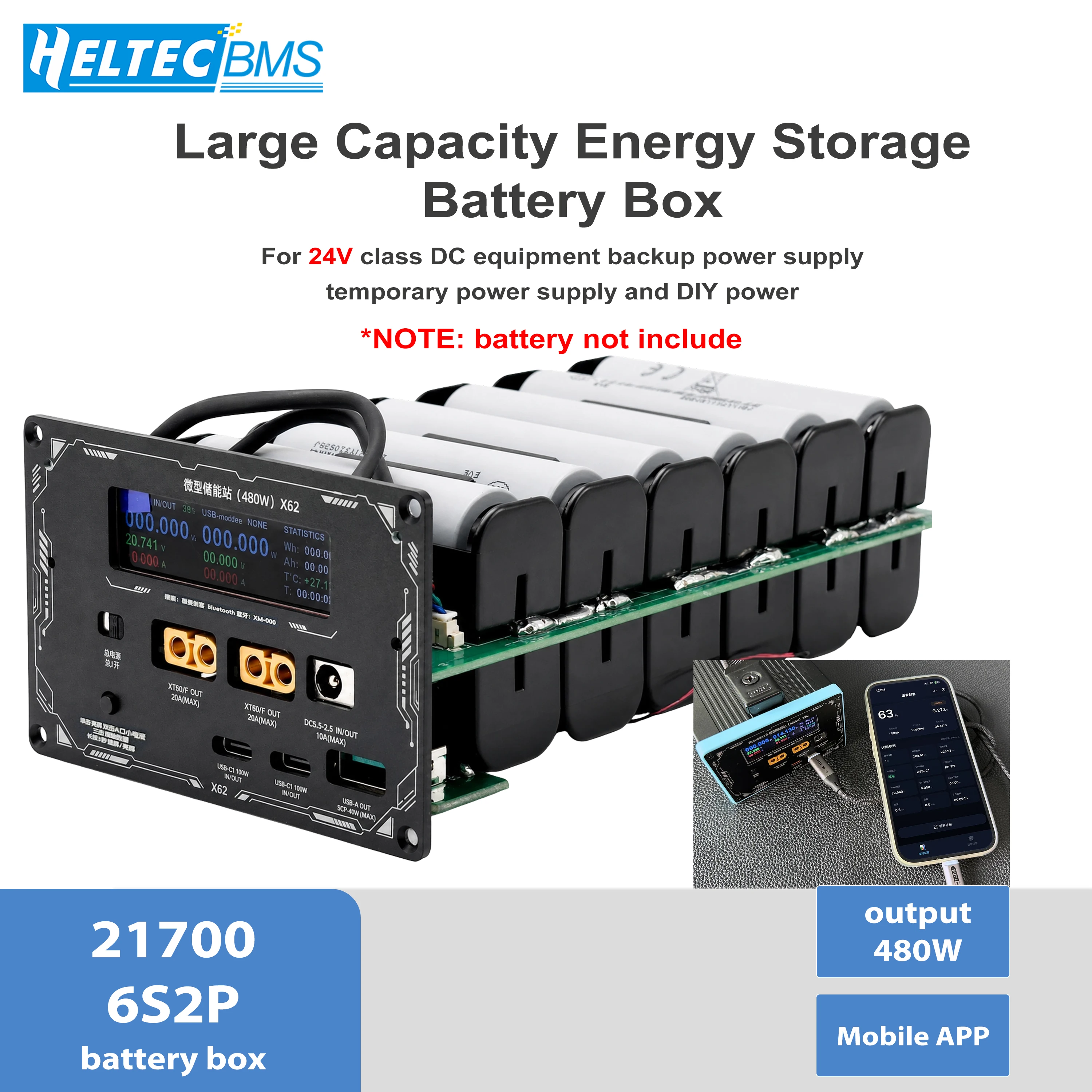 480W Mini Tragbare Powerstation DIY-Kit 6S2P 12*21700 Batteriebox XT60 100W USB-C PD TFT-Bildschirm App Energiespeicher Powerbank
