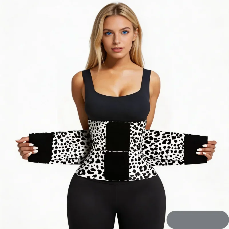 Women Leopard Print Compression Waist Belt Triple Wrap Design Adjustable Straps Nylon Shaping Belt For Sports & Daily FitnessUse