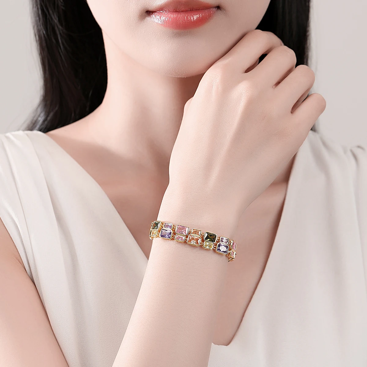 LUOTEEMI Multicolor CZ Bracelet Trendy Colorful Square Stone Decoration Stunning Jewelry for Women Girl Fashion Daily Party Gift