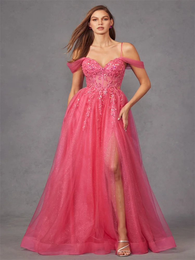 Gorgeous Off The Shoulder Sweetheart Bodice With Thin Staps A-Line Prom Dress Sexy Open Lace Up Back Sweep Train High Slit Gowns