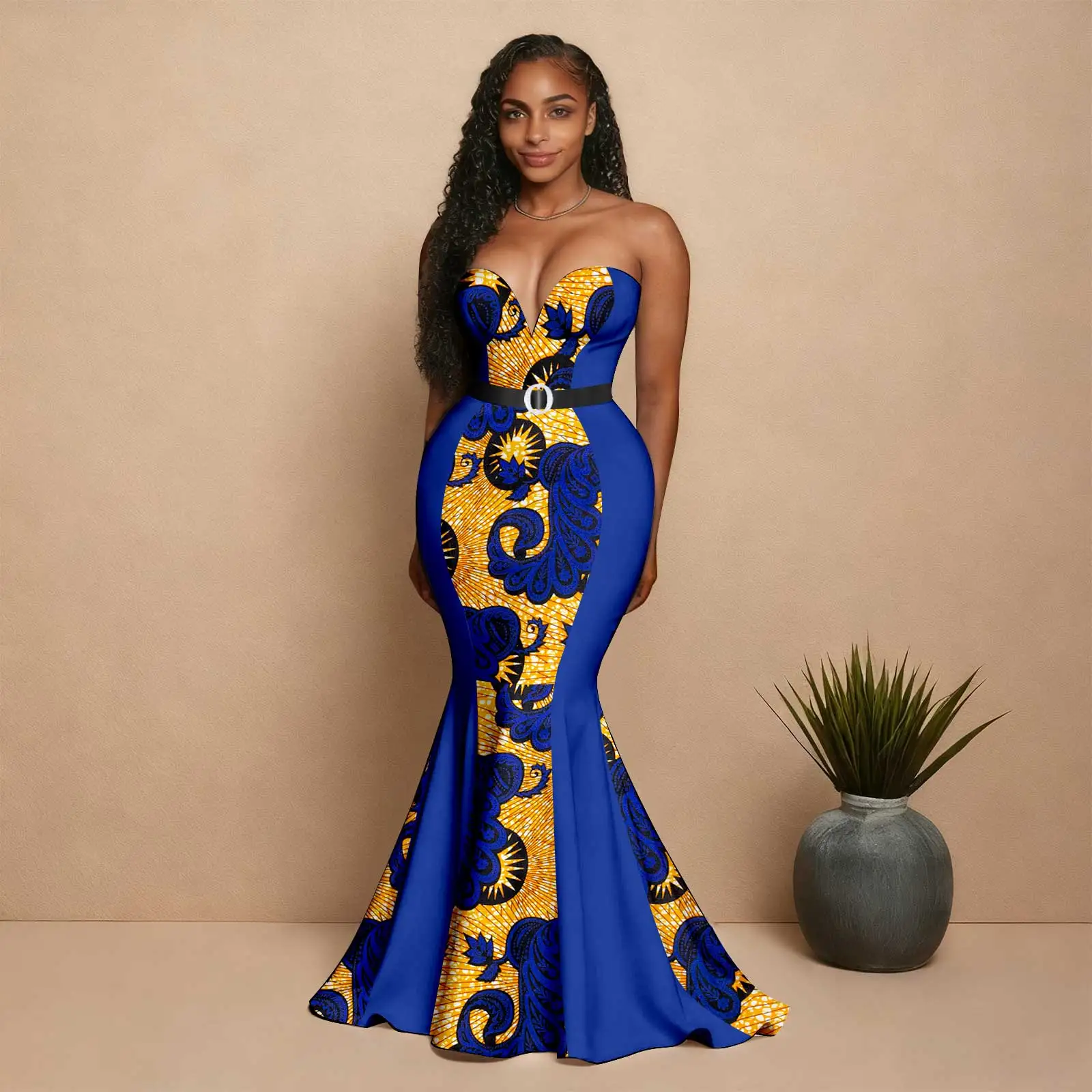 

African Ankara Printed Fabric Women's Dress Strapless Sleeveless Floor-Length Patchwork Dress with belt Elegant fashion 2525197