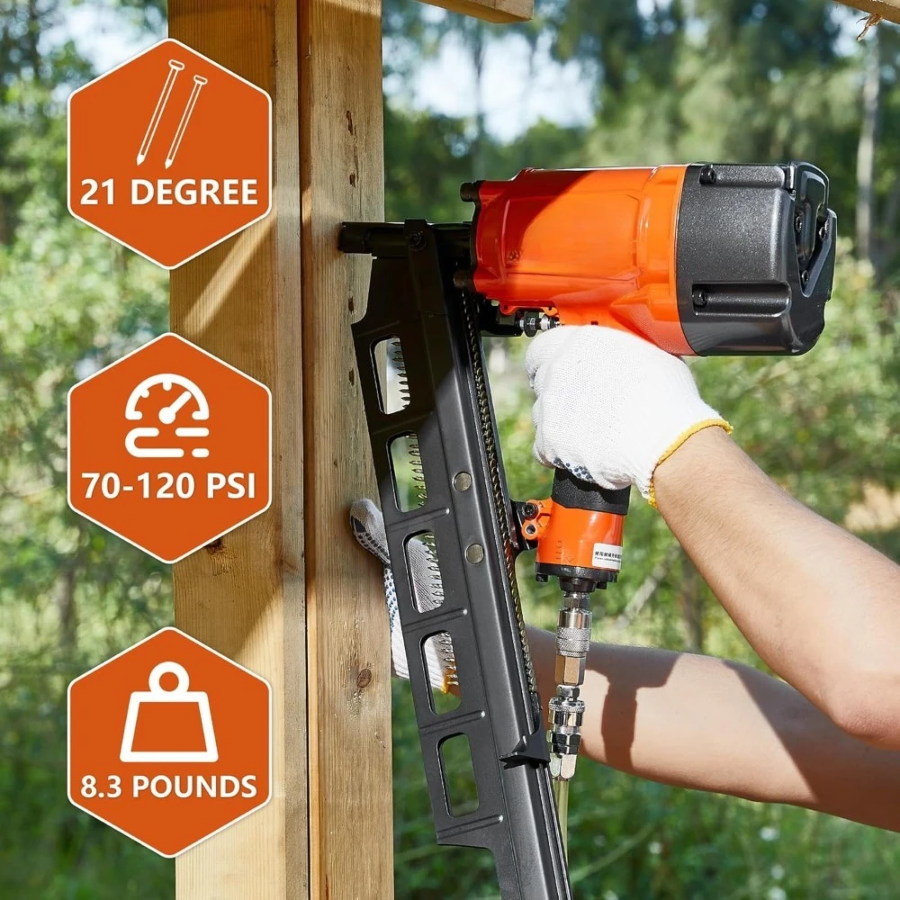 أداة تثبيت جديدة عالية السرعة، مسدس أظافر بتأطير هوائي 21 درجة، 2 بوصة حتى 3-1/4 بوصة أظافر كاملة الرأس مطلية بالبلاستيك #2