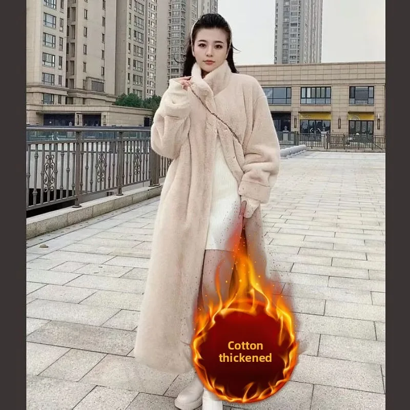 도파민 환경 친화적인 인조 모피 코트 여성용 두꺼운 따뜻한 스탠드 업 칼라 중간 및 긴 얇은 하이 엔드 패션
