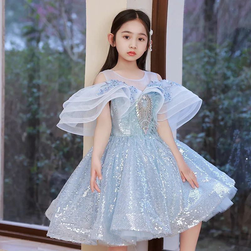 

Luxurious Kids Dress for Girls Wedding feather Sequins Girl Dress Princess Party Pageant Formal Gown birthday Children Dress