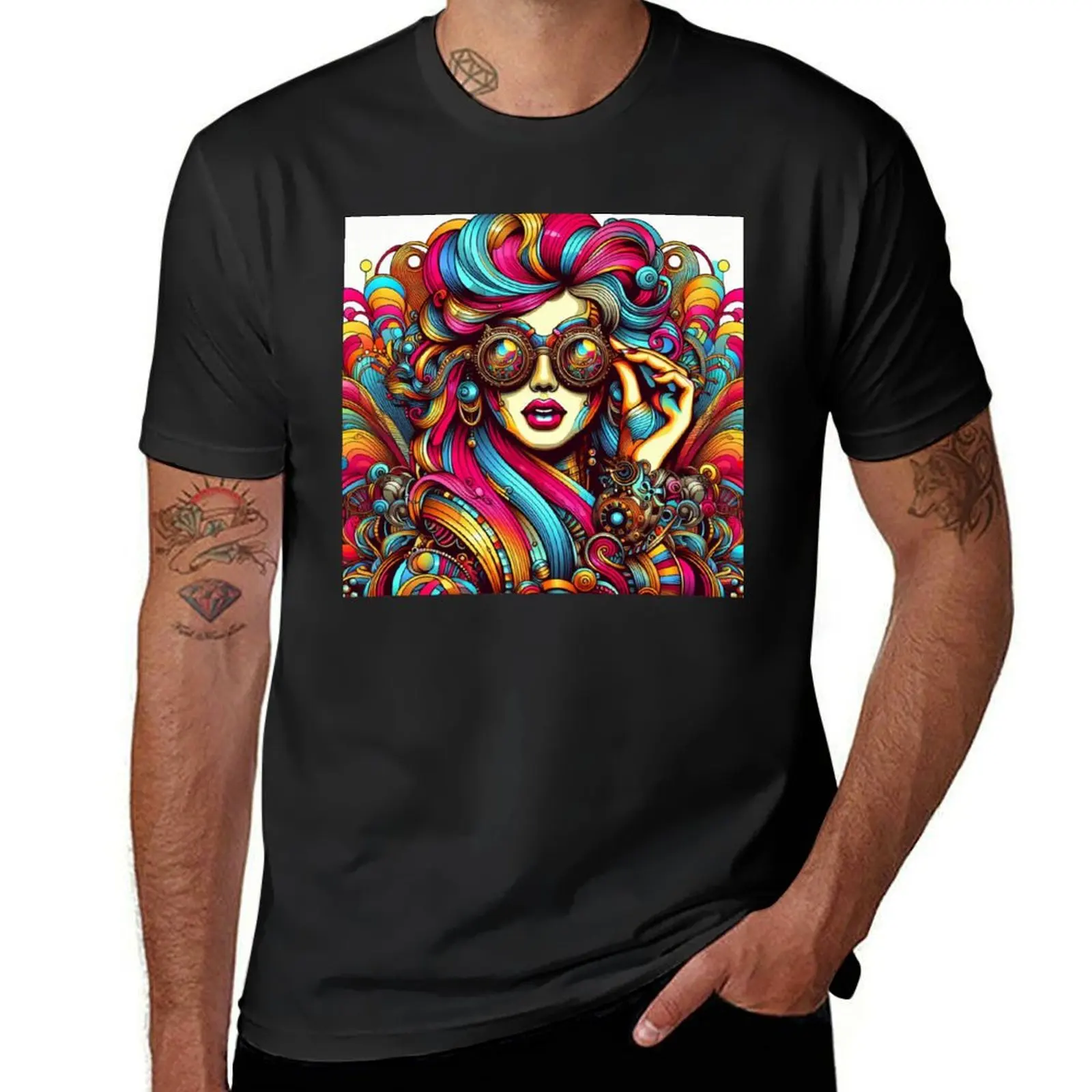 Gears Goggles Rainbow Steampunk Pop Art Nouveau Girl Drawing Illustration T-Shirt summer top mens t shirt