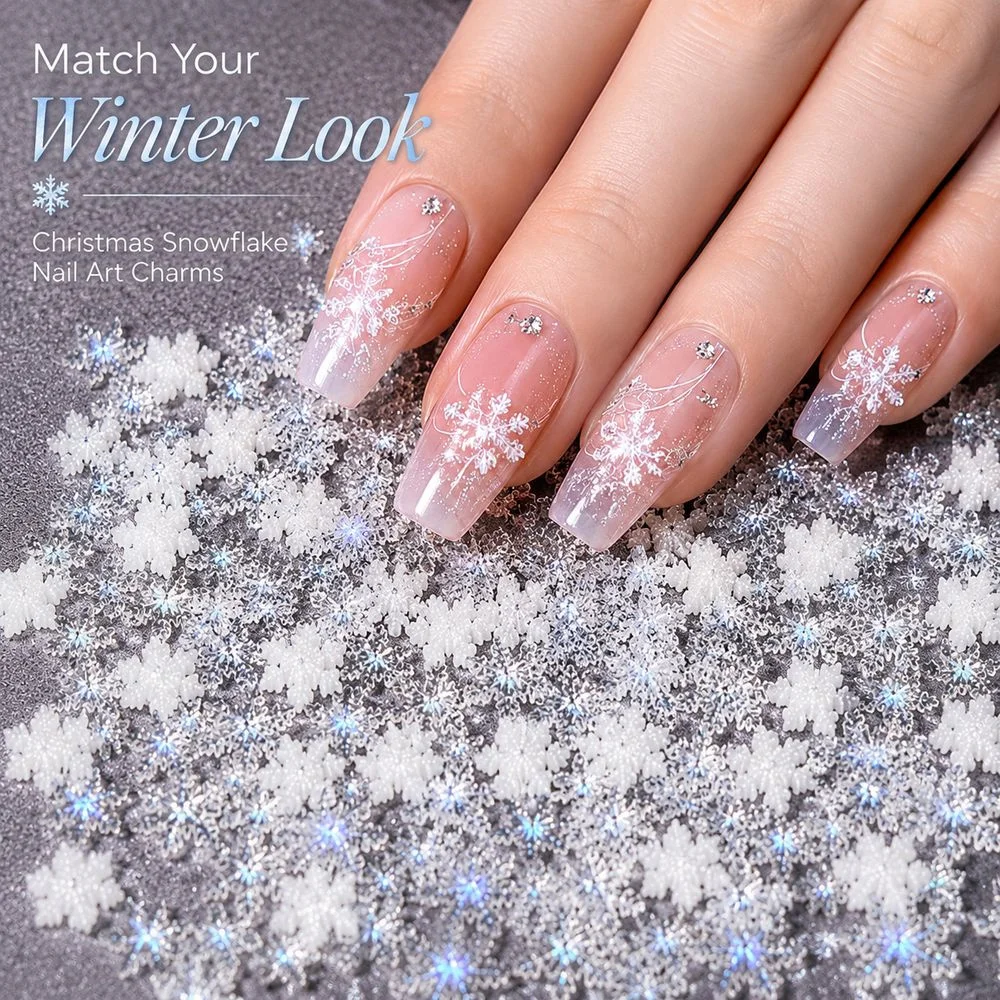 50Pcs Multi‑Size 3D Snowflake Nail Charms Resin Xmas Ornaments White Blue Silver For Beginner DIY Christmas Nail Art Creation