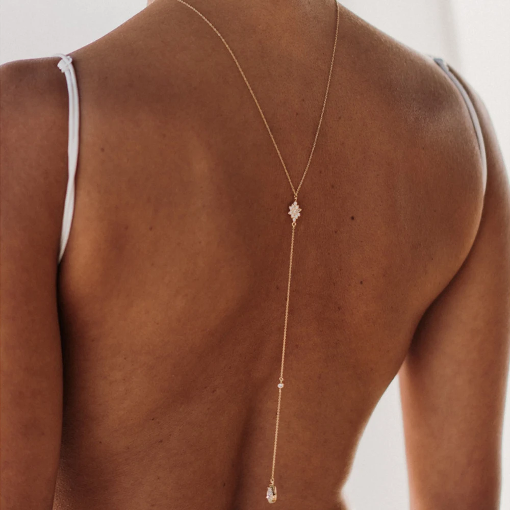 Stonefans Elegant Dual-Sided Teardrop Back Necklace Backless Dress Jewelry Dainty Rhinestone Pendant Necklace for Bridal Wedding