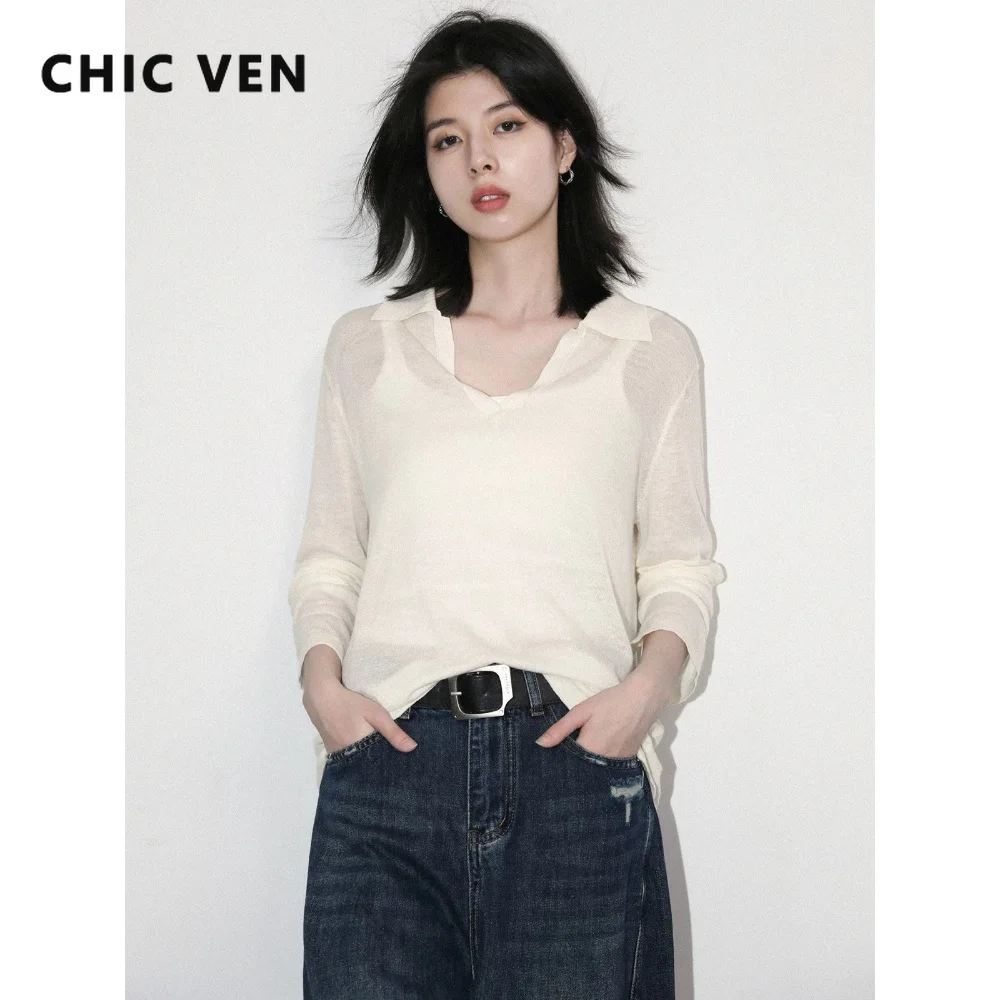 CHIC VEN Fashion Women Pullovers Thin Polo Collar V Neck Long Sleeved Female Knitted Tees Sweaters Shirt Spring Autumn 2026