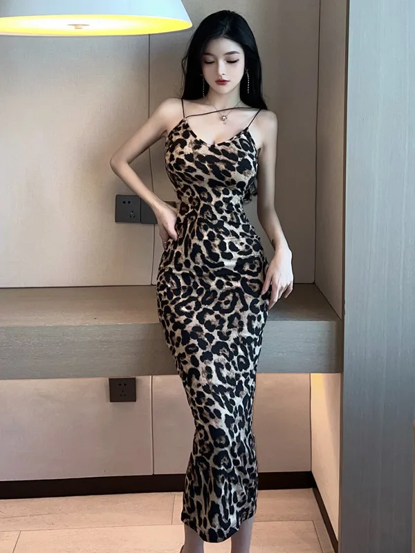 Fashion Sweet Women Tops 2023 New Robe Sexy Leopard Print Slim Long Dress Sleeveless Sling Dress Irregular Spice Girls Tops 12YX