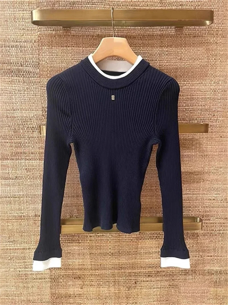 Women's Fashion Long Sleeved Base Slimming Sweater Versatile Contrast Color O-Neck Knitted Tops