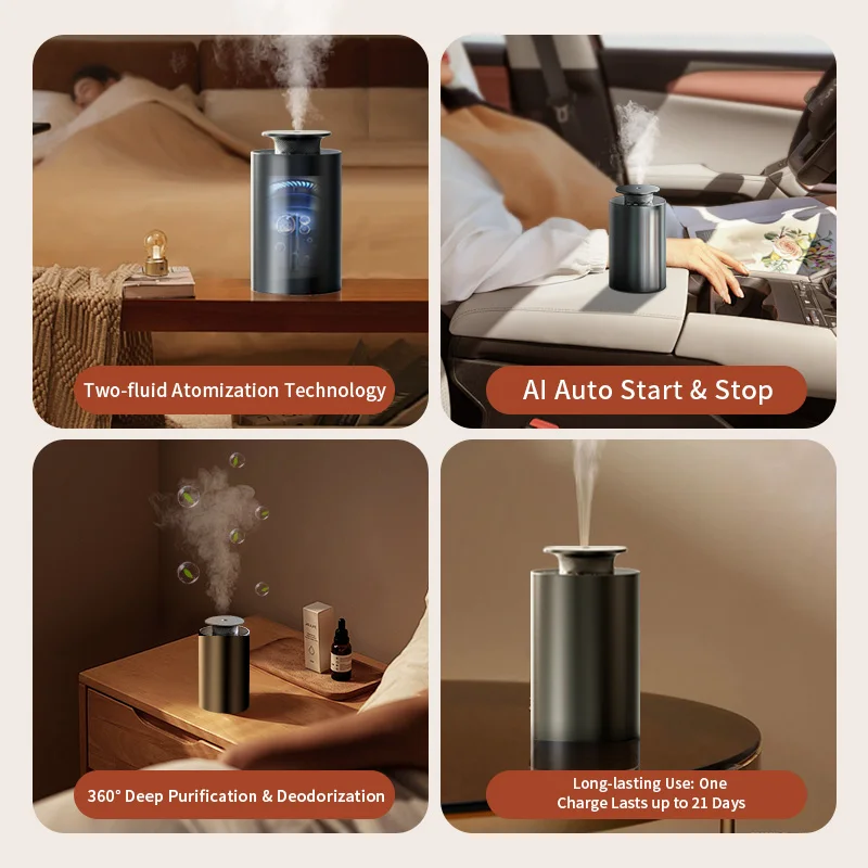 Factory Direct Car Perfume Diffuser AI Intelligent Two Fluid Nebulizer Alloy Anti Backflow Portable Silent FCC for Home Auto