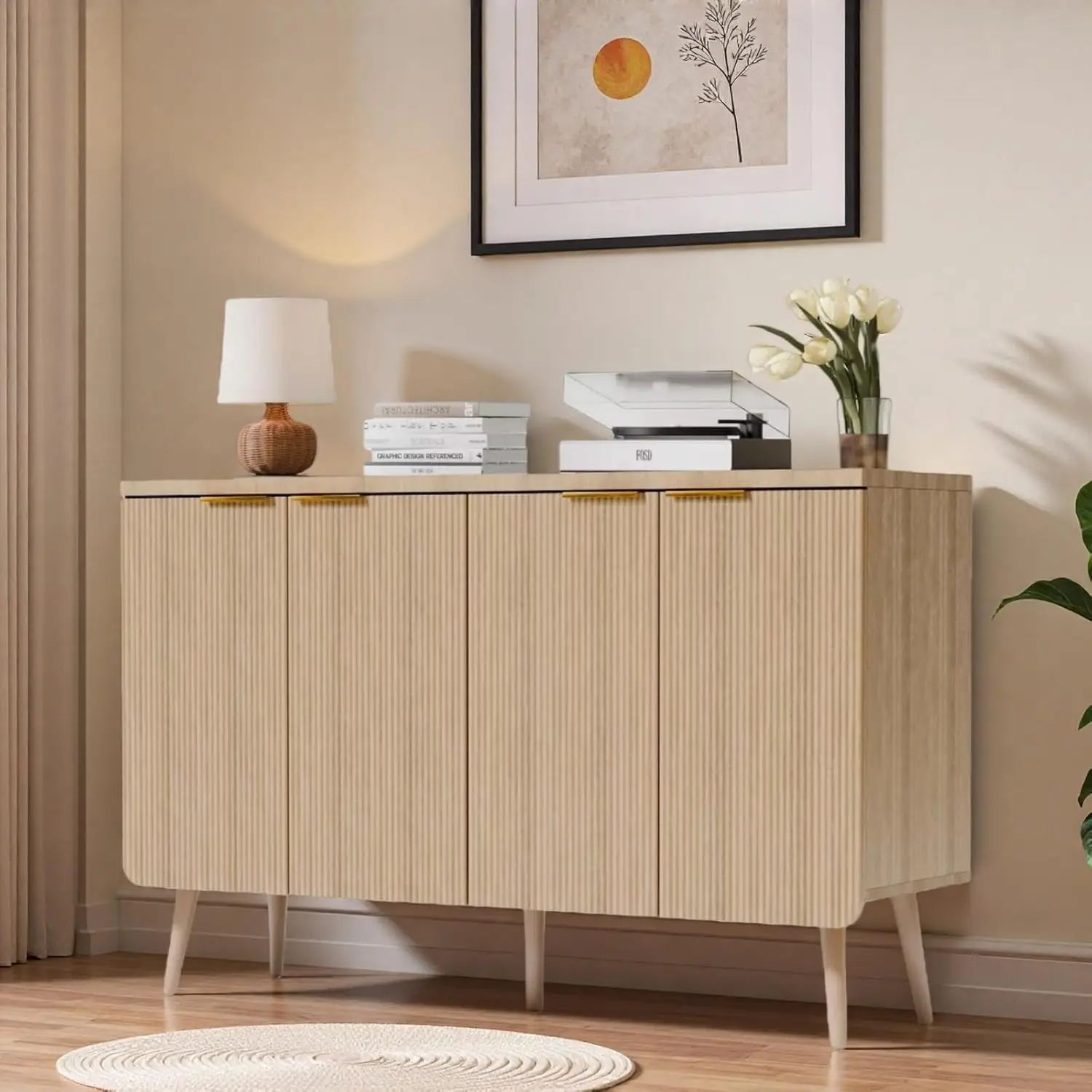 

47.2" Modern Fluted Sideboard Cabinet with 4 Doors, Wood Storage Credenza with Shelves, Multi-Purpose Buffet, Customized