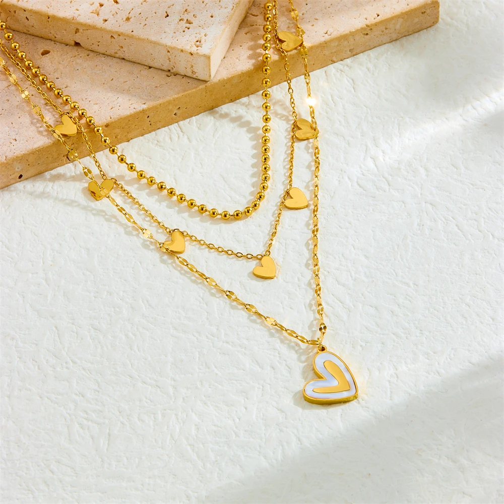 DIEYURO 316L Stainless Steel Golden White Shell Heart Shape Multilayer Necklace For Womens New Fashion Neck Chain Jewelry Gift