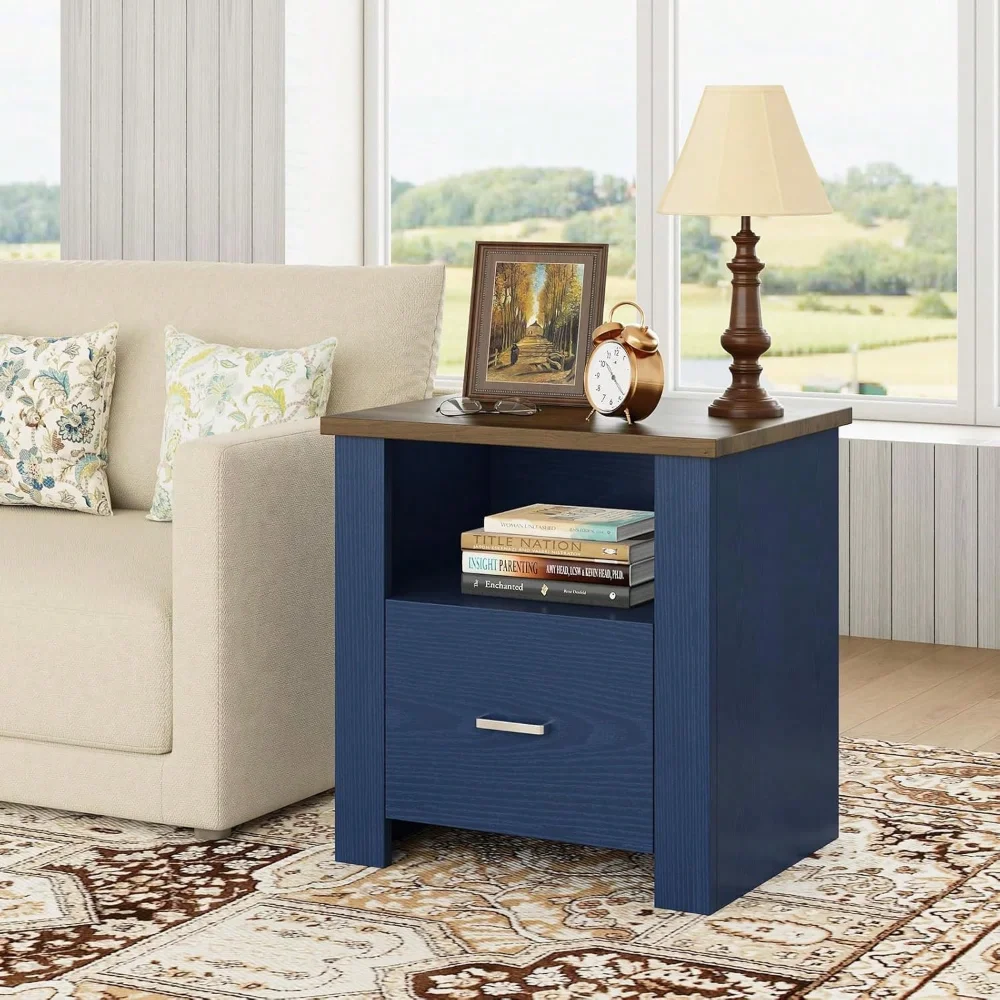 

Farmhouse Nightstand With Storage Drawer, White Bedside Table With Open Shelf & Metal Handle, Rustic End Table For Bedroom, Livi