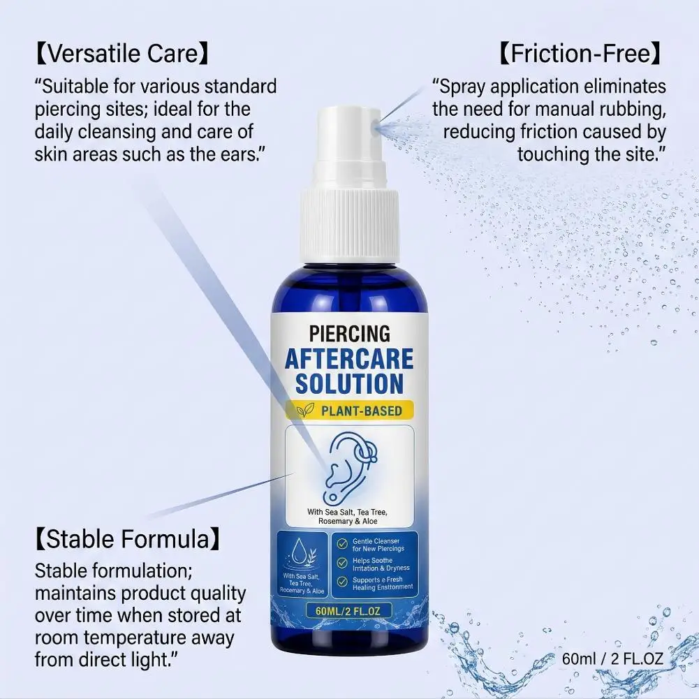 Piercing Aftercare Spray With Tea Tree And Aloe 60ml Cleansing Liquid With Non Sticky Feel And Press Pump For Daily Application