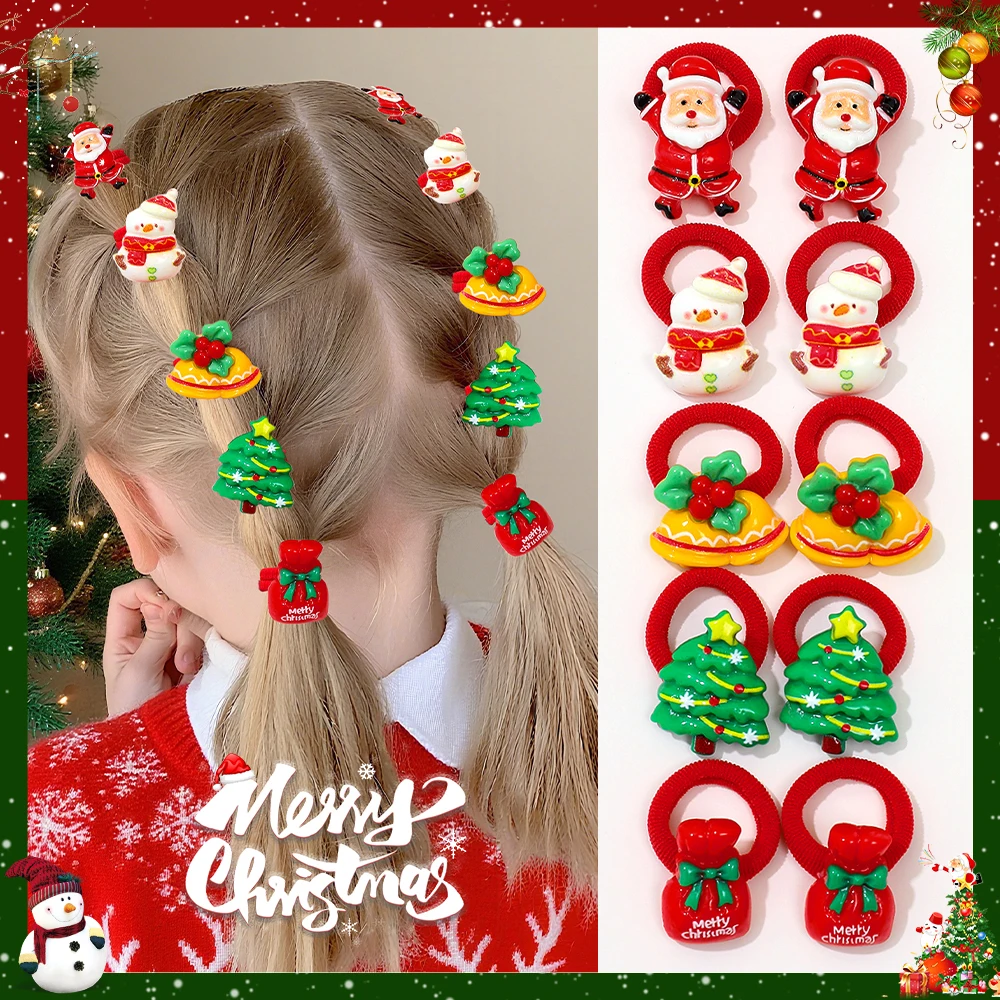 

10-piece set of cute red Christmas hair ties, girls' rubber bands will not hurt hair, high elastic towel rings, Santa headband h