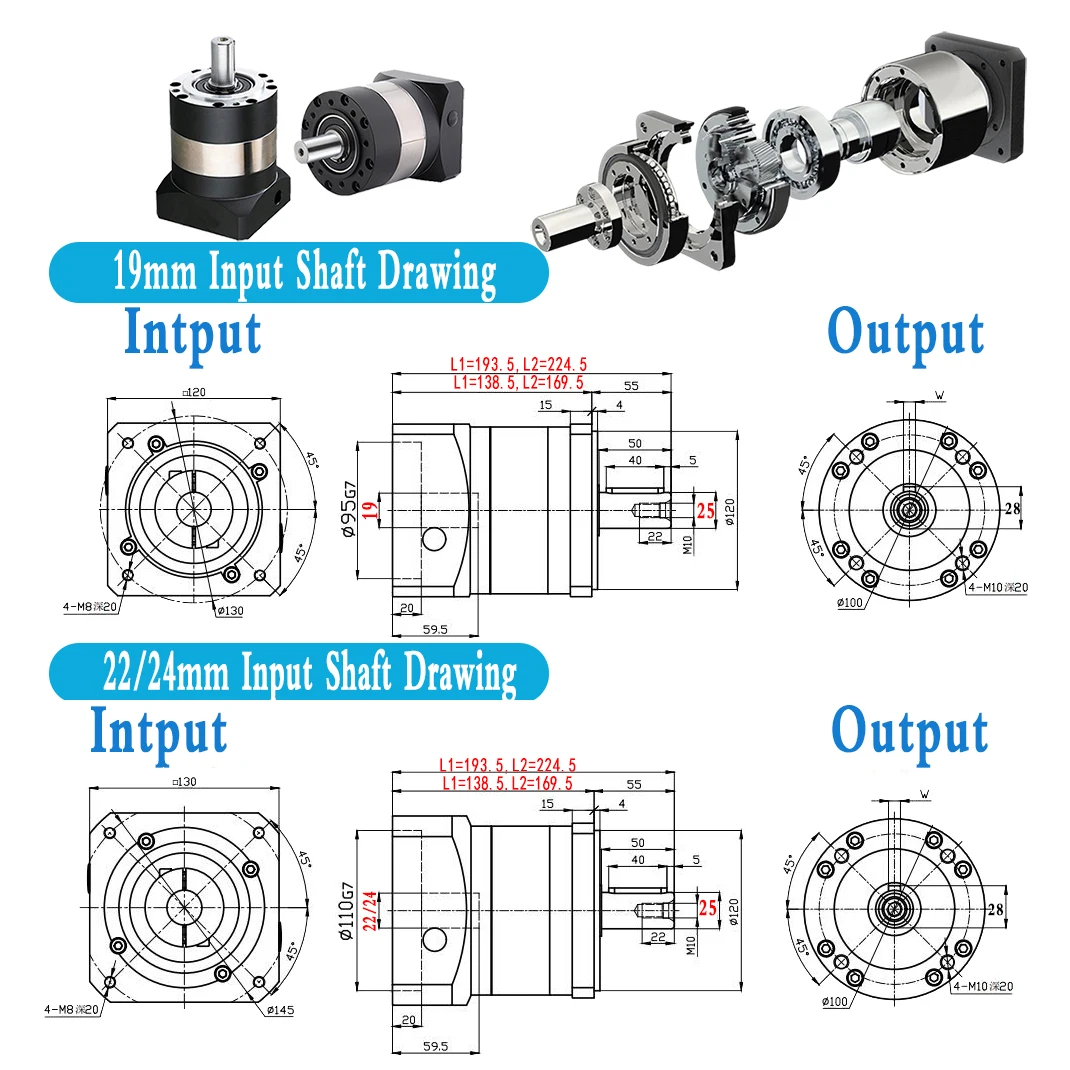 Imagem -06 - Relação Planetária do Redutor do Servo Motor de 130 mm 5:1100: Redutor Servo do Motor de 1145 mm 210nm Máximo Entrada 19 22 24 mm da Caixa de Engrenagens de 7-12arcmin 3:1 da