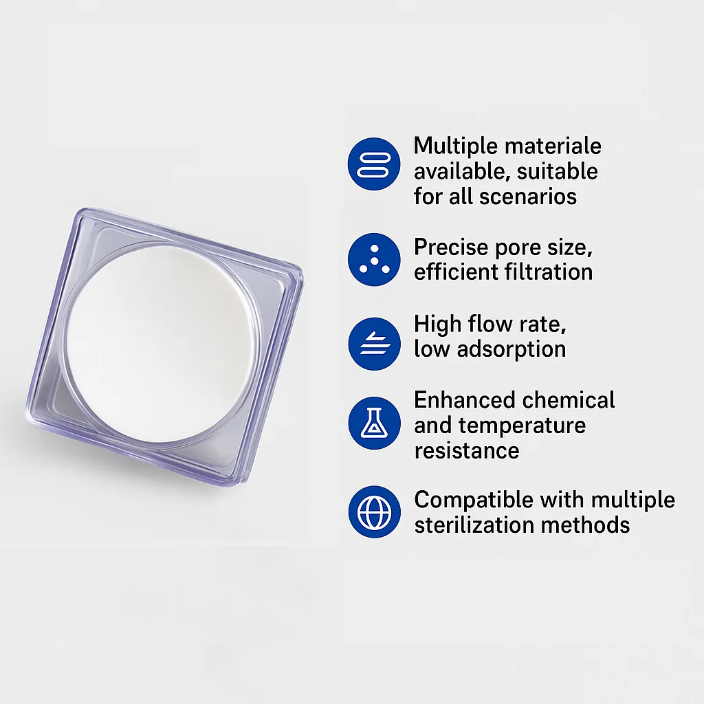 Filtros de membrana microporosa CA MCE PVDF PES PTFE Nylon 13mm 25mm 47mm 50mm 0.22um 0.45um Filtración de precisión de grado de laboratorio