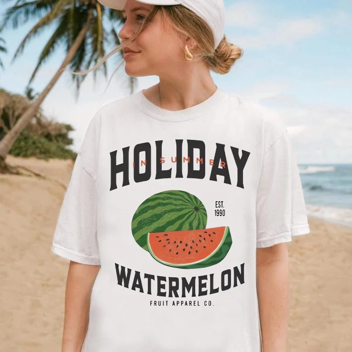 Watermelon Pattern Printed Travel 90s Casual Style White Top Trendy Women's Short Sleeved Basic Beach Vacation Fun T-Shirt