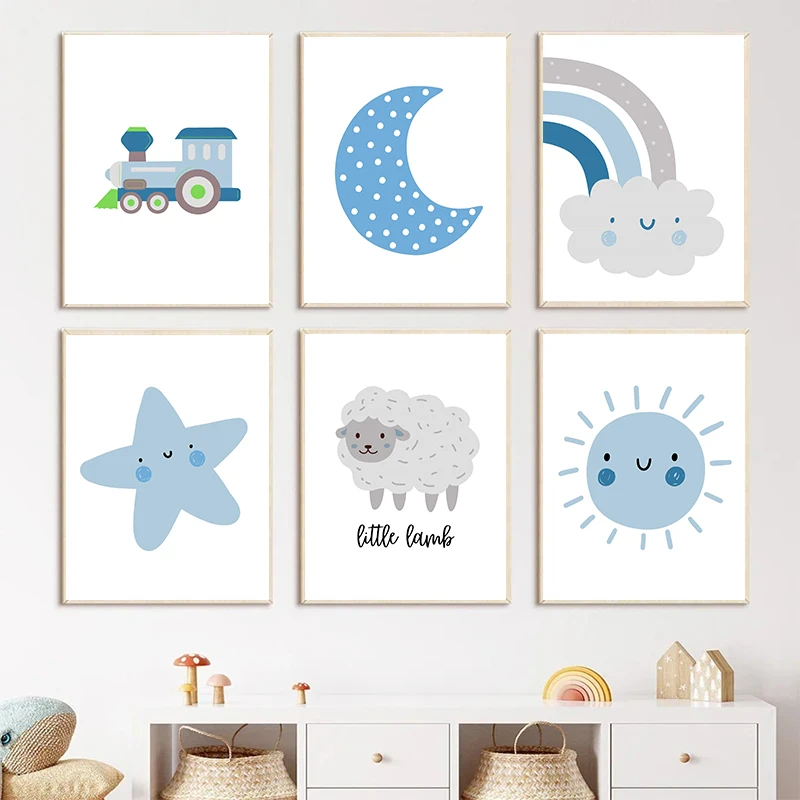 الحد الأدنى نمط الأزرق الكرتون لطيف نجوم القمر الشمس الألبكة المشارك طباعة حائط لوح رسم صورة فنية ديكور غرفة الأطفال المنزل #1
