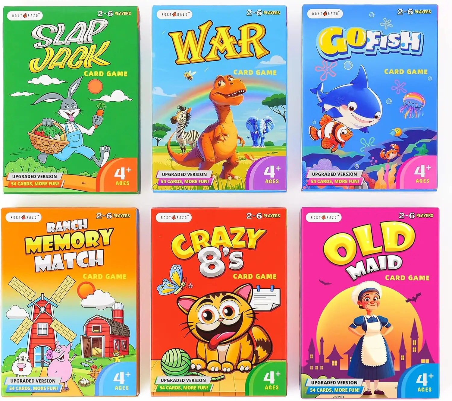 

6 Deck Card Game Set: Go Fish, Old Maid, Crazy Eights, Memory Match, Slap Jack, War - Perfect for Easter and Stocking Stuffers