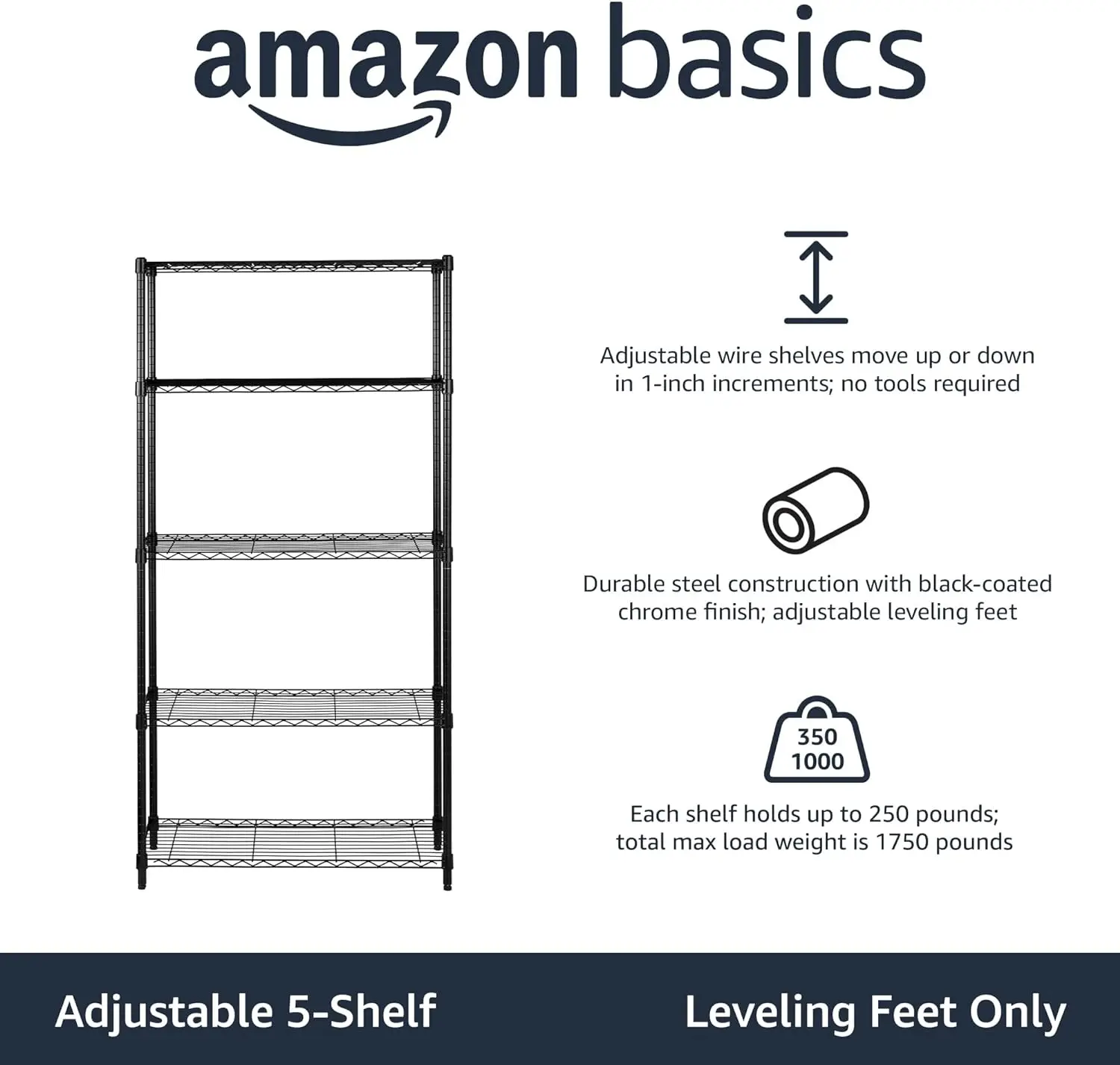 5-Shelf Adjustable, Heavy Duty Wide Storage Shelving Unit (350 lbs loading capacity per shelf), Steel Organizer Wire Rack,